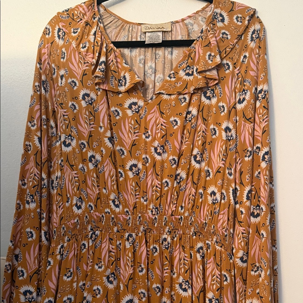 Davina Mustard Floral Long Sleeve Dress